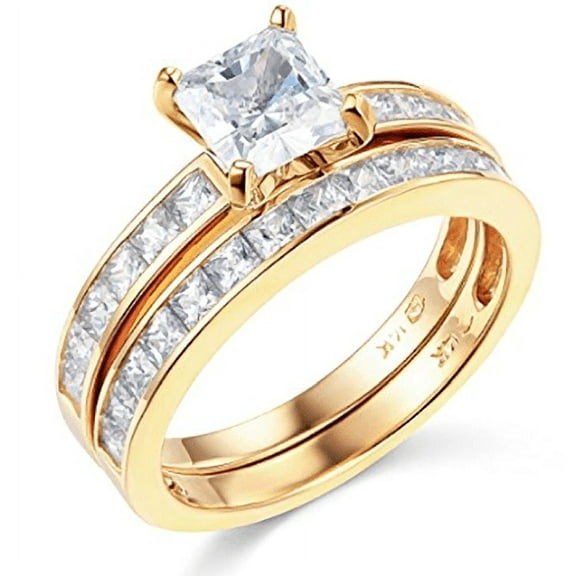 Shine Brite with A Diamond 2.90 Ct Princess Engagement Wedding Ring Set, 14K Yellow Gold