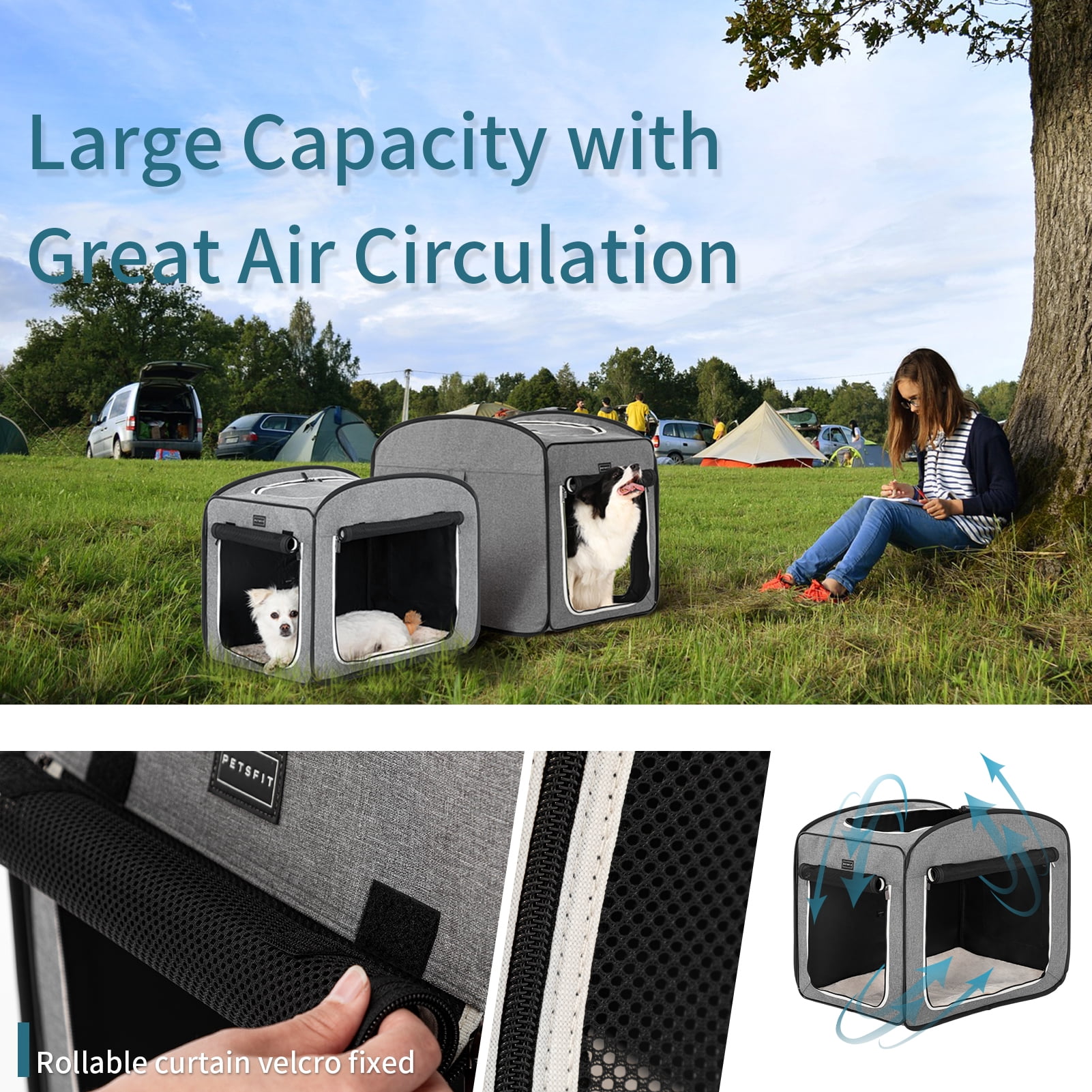Petsfit 17x31x26 inches Collapsible Dog Travel Crate, Portable Pop Up Dog Crate for Medium Large Dogs for Indoor/Outdoor Use ，Grey