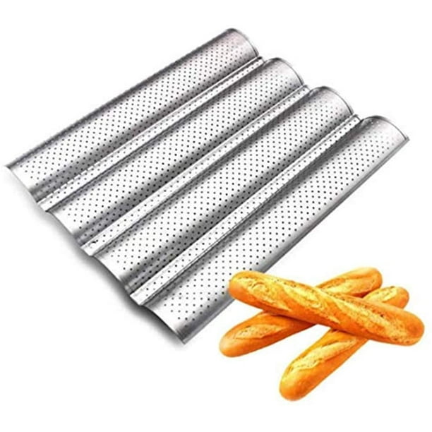 Plaque de cuisson baguette perforée avec revêtement antiadhésif pour 4 baguettes  Moule à baguette Plaque de cuisson baguette Moule à pain en feuille  (argenté) 