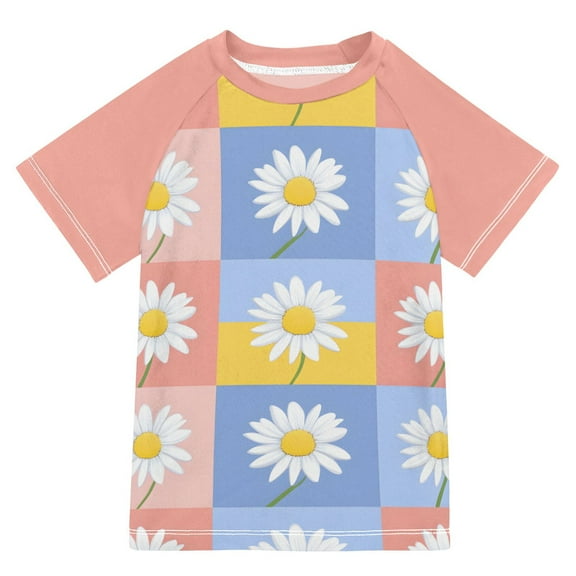 FORMRS Boys Rash Guard Short Sleeves Swim Shirt Quick Dry UPF 50 Sun Protection, Sizes 3-12T, Light Blue Daisy
