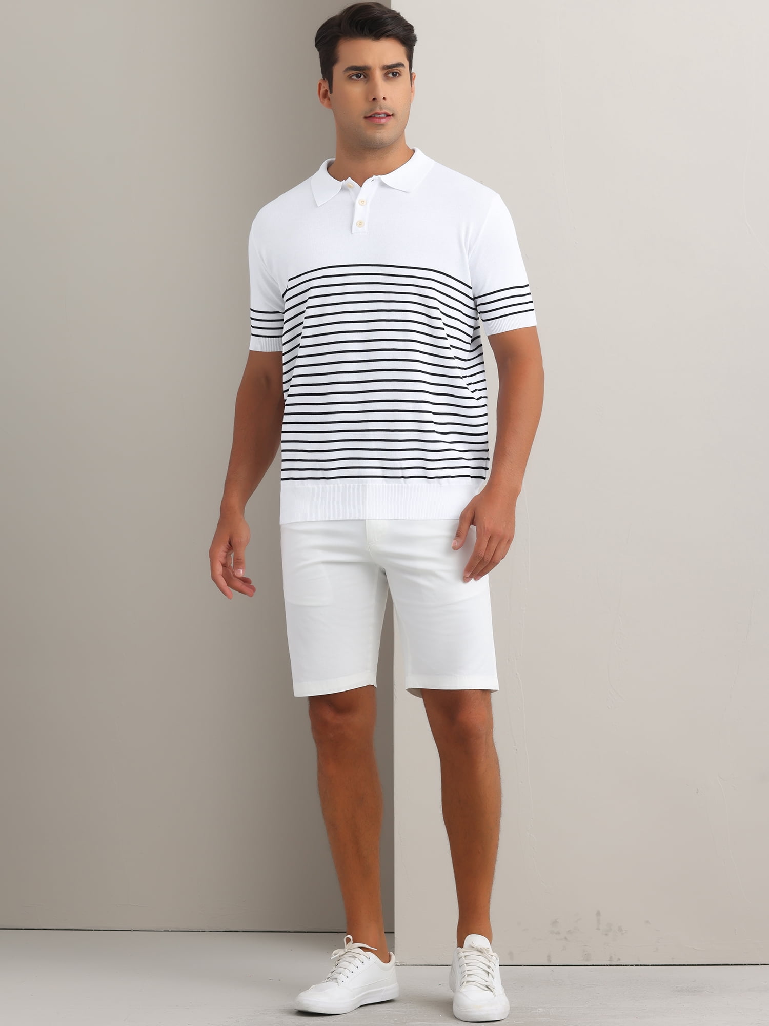 DARING DIVA Men's Knit Polo Short Sleeve Striped Golf Casual Collared T Shirt L White