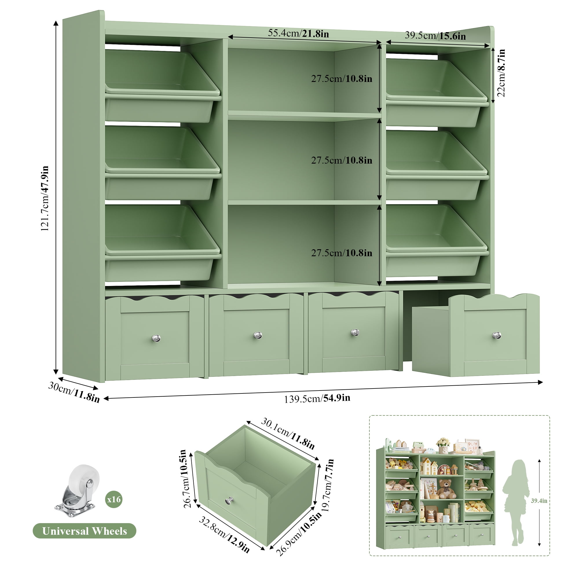 Hiphuta 55" Wide Toy Storage Organizer with 4 Removable Drawers, 4-Tier Kid Bookcase with 6 Bins, Toy Organizer with Bookcase for Kid Bedroom Playroom, Green