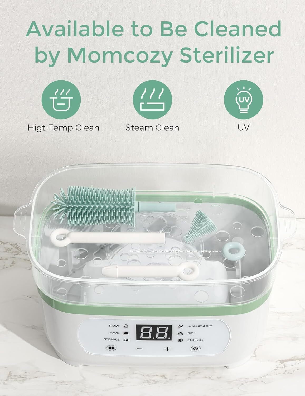 Momcozy Portable Bottle Brush Set - Baby Bottle Cleaner Kit with Silicone Brush, Drying Rack - 6 in 1 Bottle Cleaning Tool for Home and Travel Green 1 Set