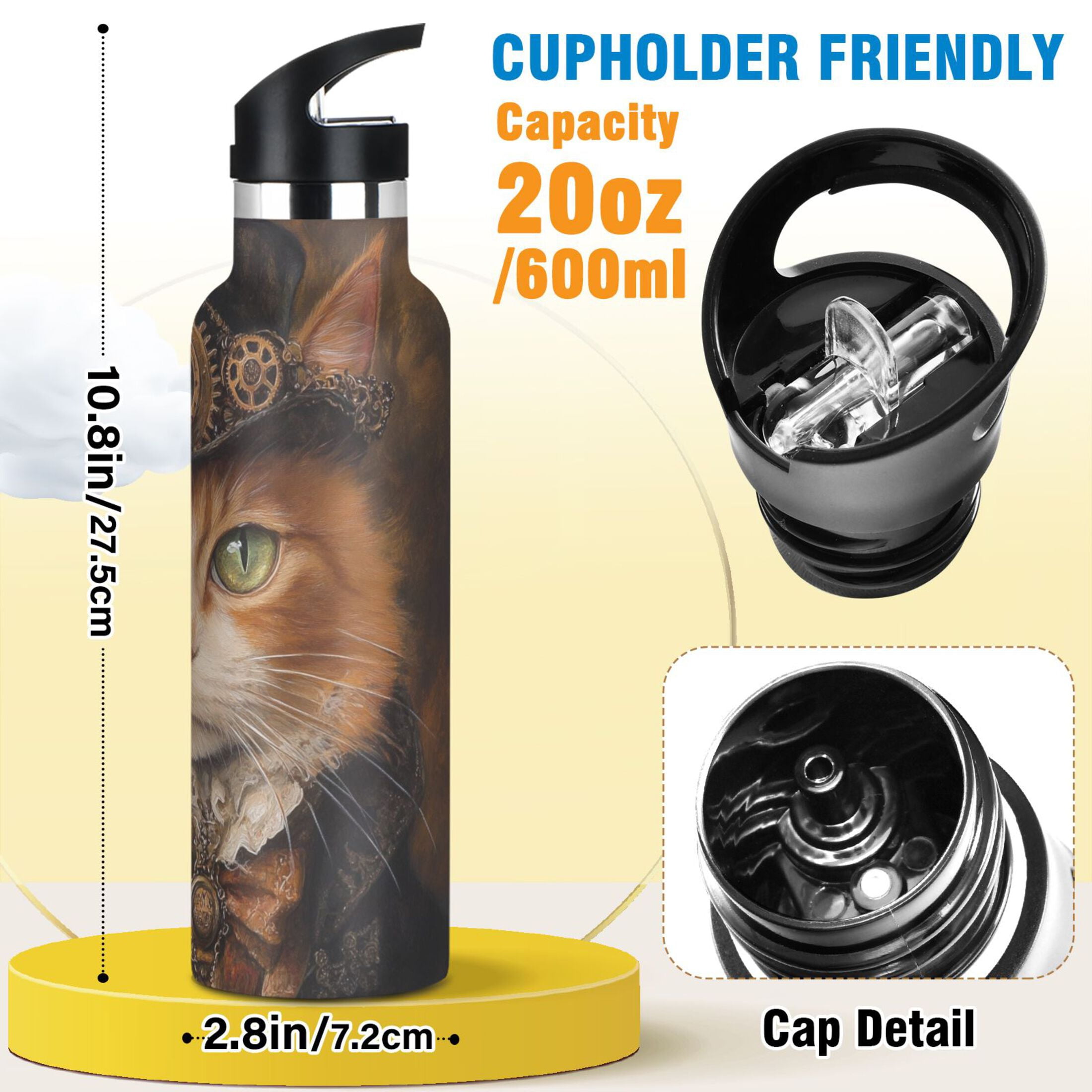 600ML Stainless Steel Insulated Cup Sports Water Bottle Portable Thermos Cup Water Glasses Insulated Tumblers Convenient and Durable Jazz Cat