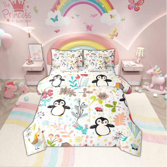 Cartoon Penguin Comforter Set With Sheets Full Cute Penguin Bed In A Bag 7 Piece,Kawaii Floral Antarctic Animal Bedding Set Woodland Leaves Flowers Butterfly Bed Set