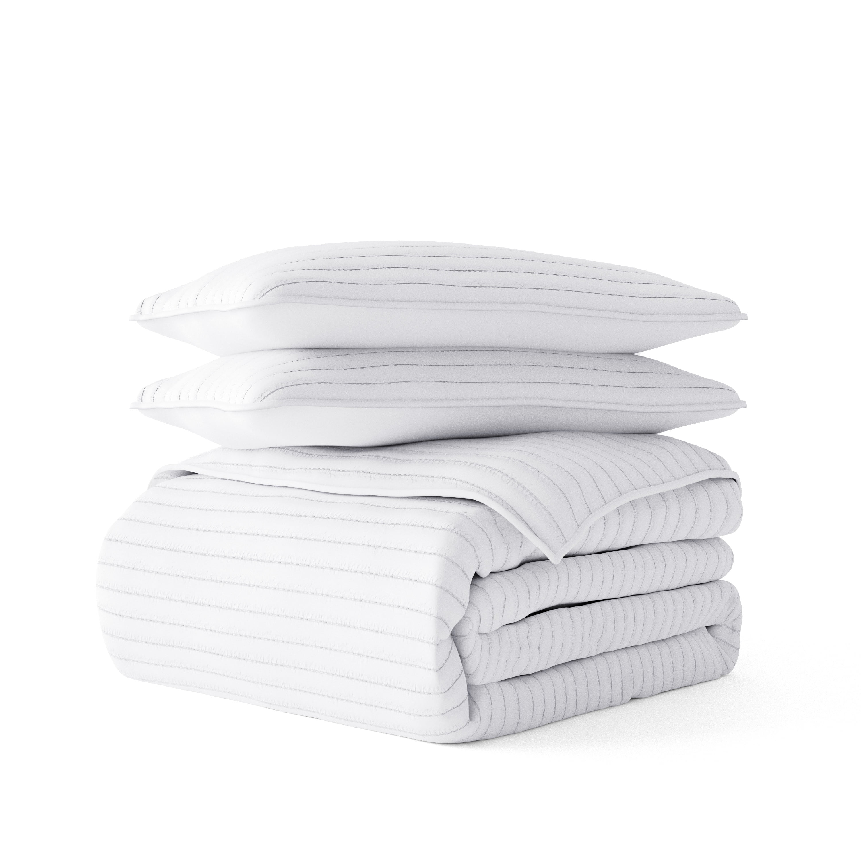Noble Linens 3 Piece White Stripe Stitch Quilt Set, Queen / Full