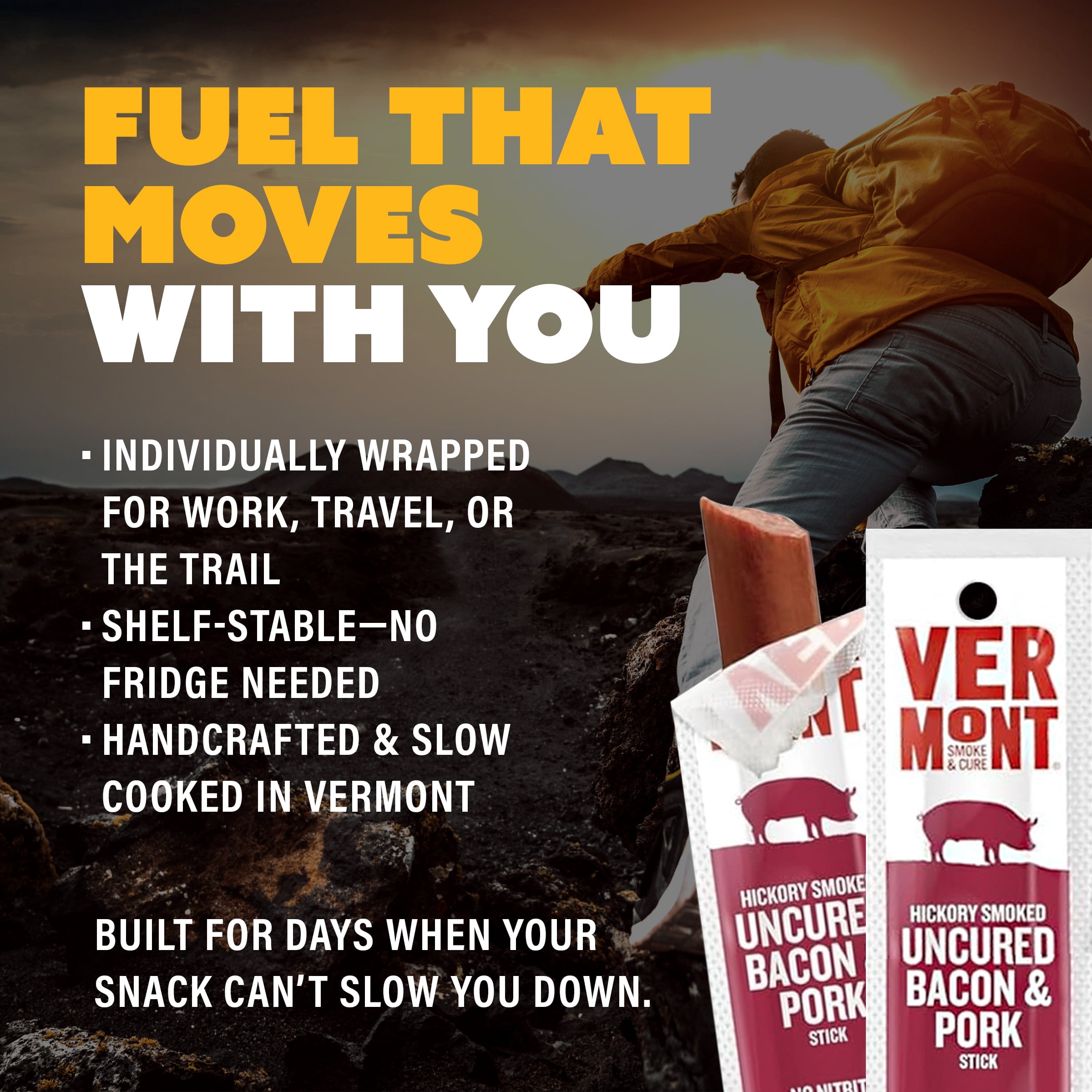 Vermont Smoke & Cure Uncured Bacon Pork Hickory Smoked 1oz Jerky Stick 24 Ct