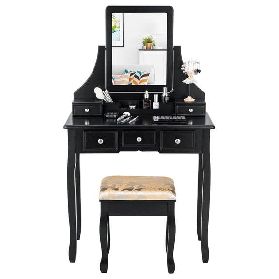 HeSLehs Vanity Desk Set with Mirror, Vanity Desk and Cushioned Stool Set with 5 Storage Drawers, Makeup Dressing Table for Bedroom Women Girls (Black)