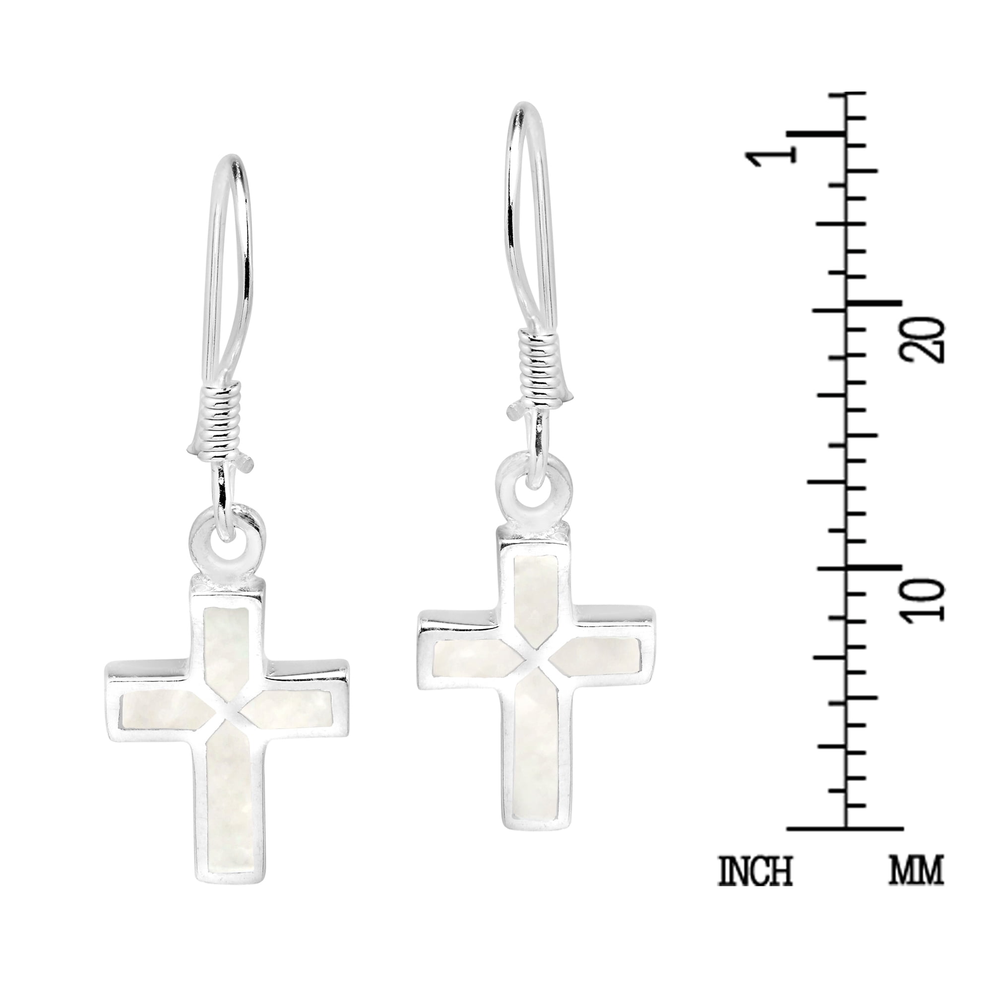 Mini Cross Inlaid White Mother of Pearl Sterling Silver Dangle Earrings
