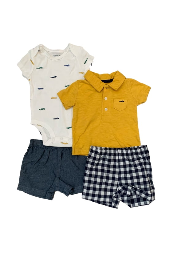Baby Boy's 4 Piece Clothing Set, 1 Bodysuit, 1 Shirt, 2 Shorts (Yellow Car, 3 Months)