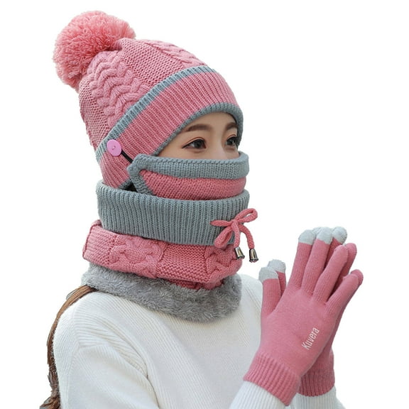 TELOLY Womens Hat and Gloves Set,Korean Cute Hat and Glove Set for Women,Fleece-Lined Scarf for Women Winter,Pink