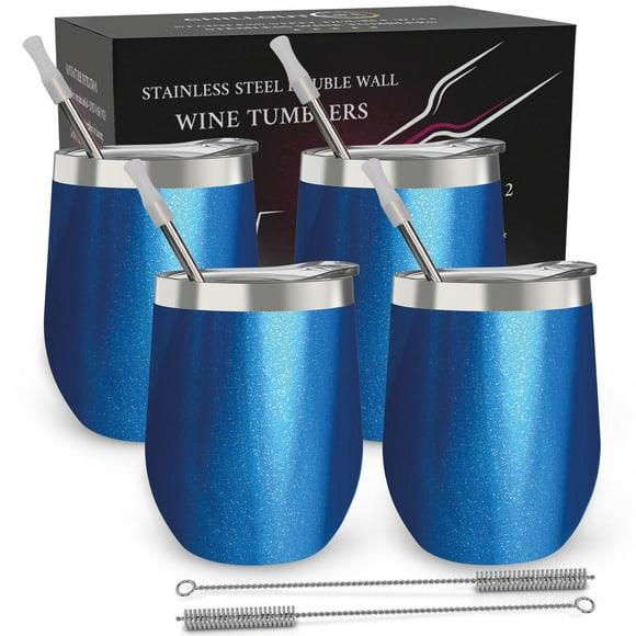 Juego de 4 vasos de vino de acero inoxidable CHILLOUT LIFE 12 oz Doble pared Aislamiento al vacío azul brillante