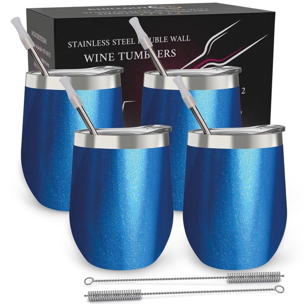 Juego de 4 vasos de vino de acero inoxidable CHILLOUT LIFE 12 oz Doble pared Aislamiento al vacío azul brillante
