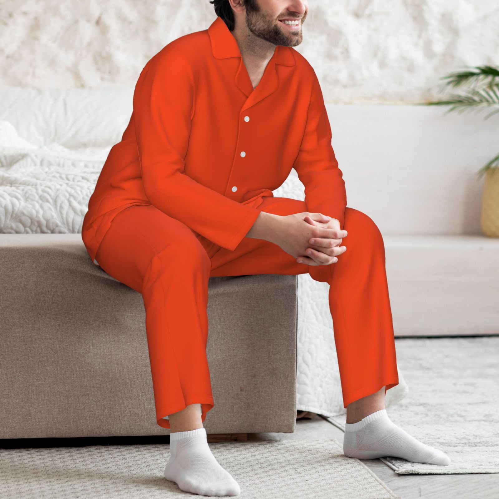 Gaeub Orange Print Mens Pajama Set, Long Sleeve Pajamas for