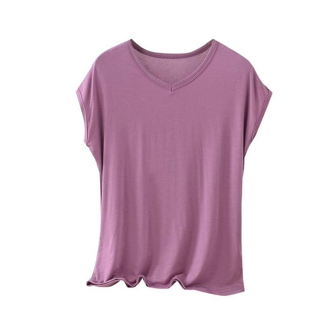 BLVB Plus Size Pajama Tops for Women Loose Fit V Neck Short Sleeve Soft Modal Sleep Shirts Loungewear