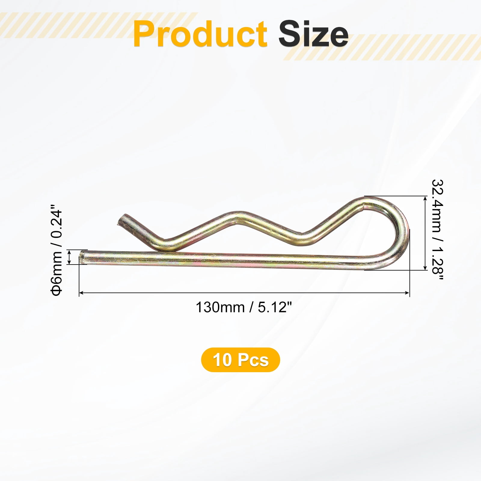10Pack Hitch Pin Clip, 6x130mm Zinc-Plated Spring Steel Retaining R Clip, Gold