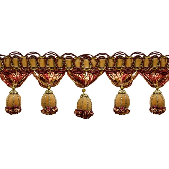 3" (7.5cm) Noblesse Collection Victorian Style Tassel Fringe Trim # TFH3,, Burgundy Gold Red #1253 (Carmine Red, Yellow Gold, Dark Red) Sold By The Yard (36"/3 ft/0.9m)