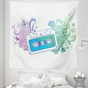 Hipster Tapestry, Audio Cassette Tape with Line Art Floral Musical Old Fashion Melody Print, Fabric Wall Hanging Decor for Bedroom Living Room Dorm, 5 Sizes, Blue Mint Purple, by Ambesonne