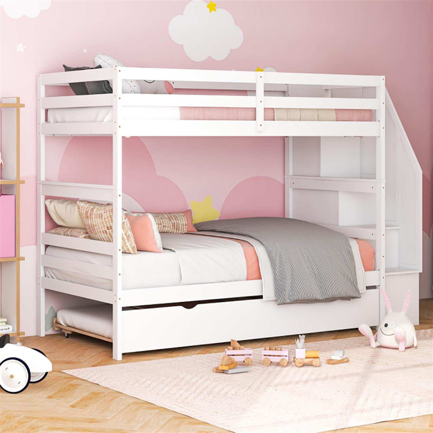 Demi Bonn Home Wood Bunk Bed with Guard Rail and 4-step Storage Stairs, Twin Bunk Beds, No Box Spring Needed, White