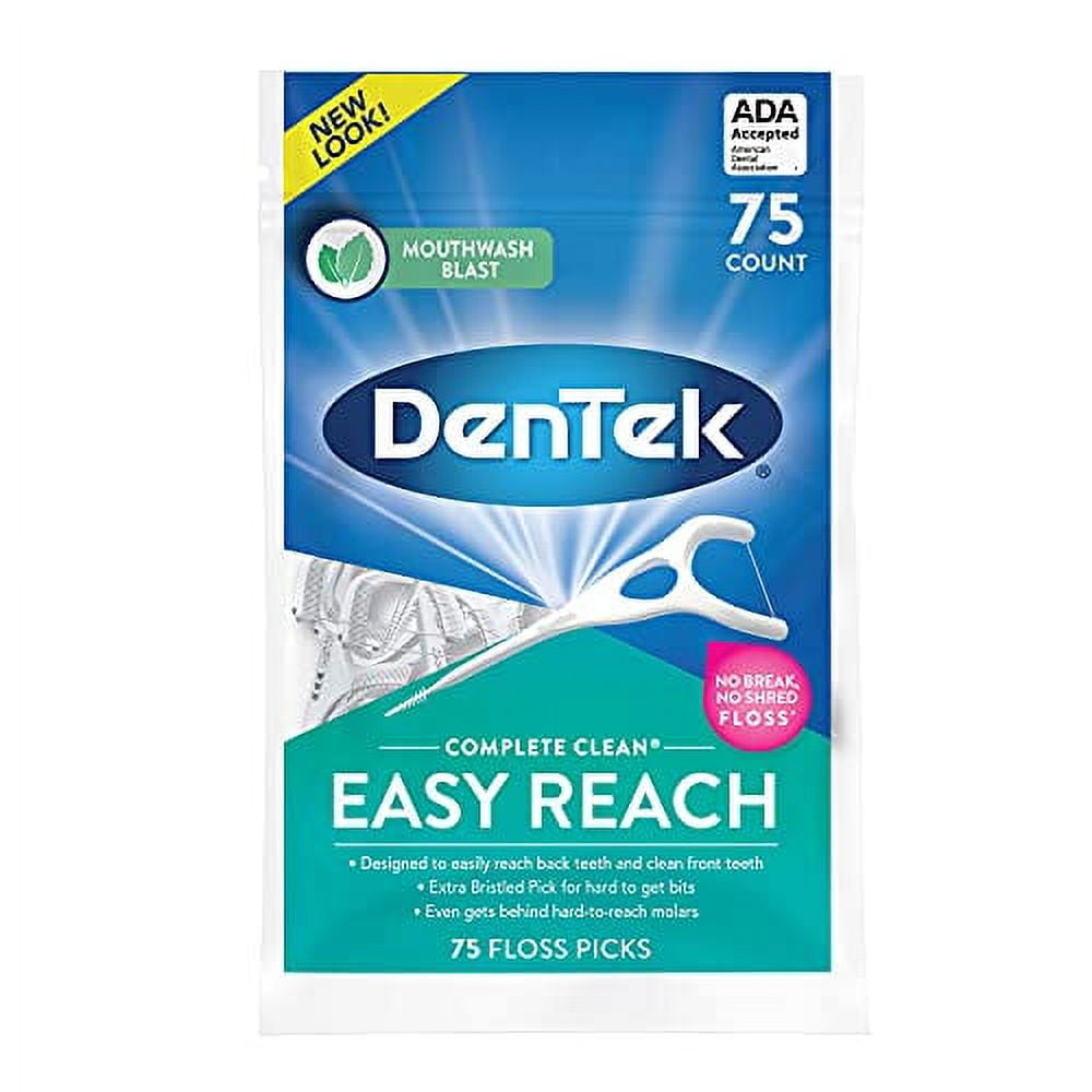 DenTek Complete Clean Easy Reach Floss Picks | Advanced Fluoride Coating, Mouthwash Blast Flavor| 75-Count | 6-Pack