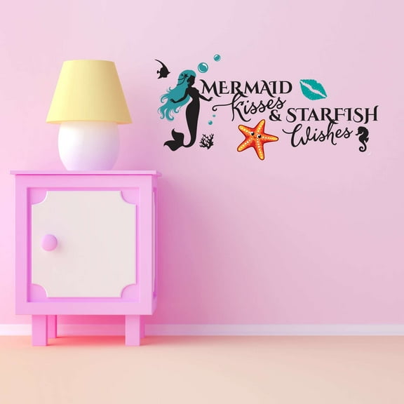 Bubbles Mermaid Lips Starfish Fish Wishes Mermaids Vibes Seahorse Statfish Princess Fish Queen Sweet Dreams Bedtime Unicorn Lovely Dream Holiday Decorating Wall Decal Sticker - Size: 20 In X 10 In