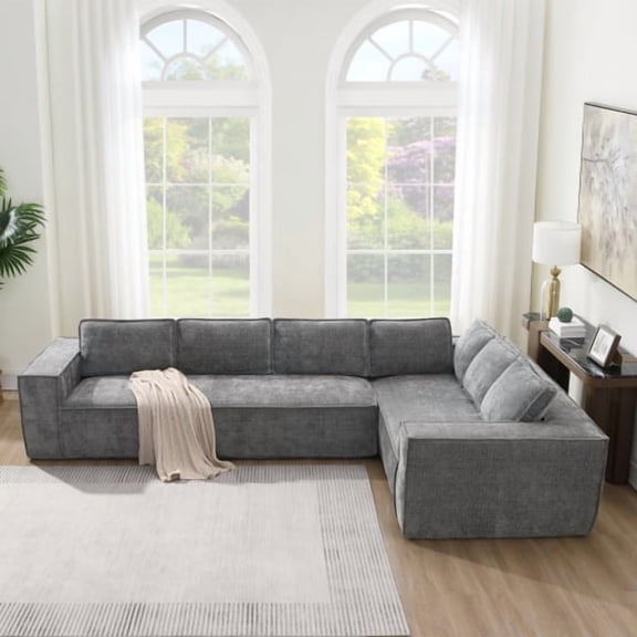 EPOWP Modular Sectional Sofa, 129.5" 6-Seat L-Shaped Cloud Couch Set with Chaise, Wrinkle-Resistant Chenille Boneless Sofa, 2-Piece Free Combination for Living Room, No Assembly Required,Gray