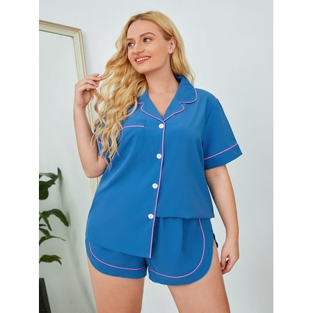 

Casual Women s Plus Short Sleeve Contrast Binding Pocket Front Pajama Set Blue 1XL(14) for Summer F220102Y