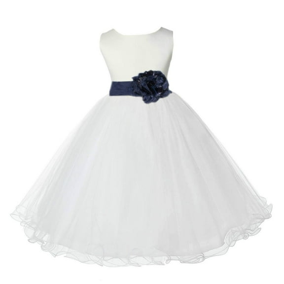 Ekidsbridal Satin Ivory Midnight Blue Tulle Rattail Edge Flower Girl Dresses for Communion Baptism Christening Gown Wedding Pageant 829S M