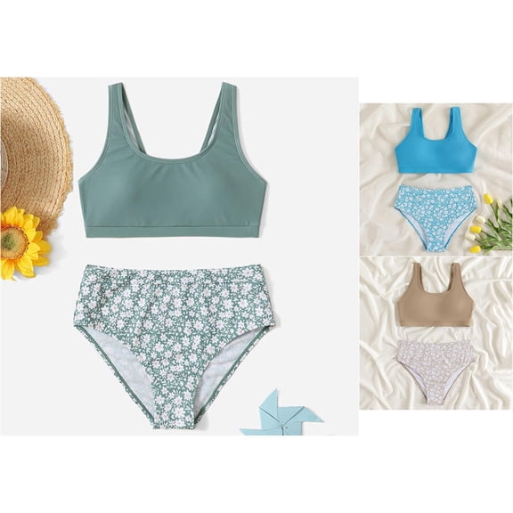 Trendfront Girls 2-Piece Bikini Set Floral Printed Camisole Straps Two-Piece Swimsuit Kids Summer Pool Beach Bathing Suit
