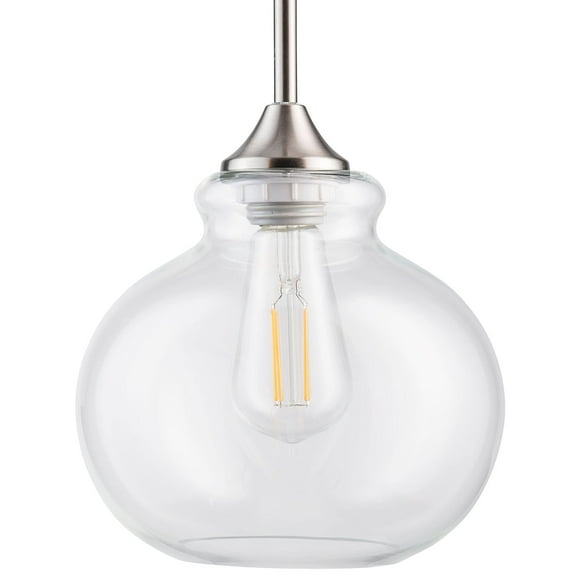 Linea di Liara Ariella Casella Suspension en Verre Style Ferme pour Îlot de Cuisine Moderne en Nickel Brossé Grande Suspension Luminaire Suspendu avec Abat-Jour en Verre Soufflé Transparent, UL Listed