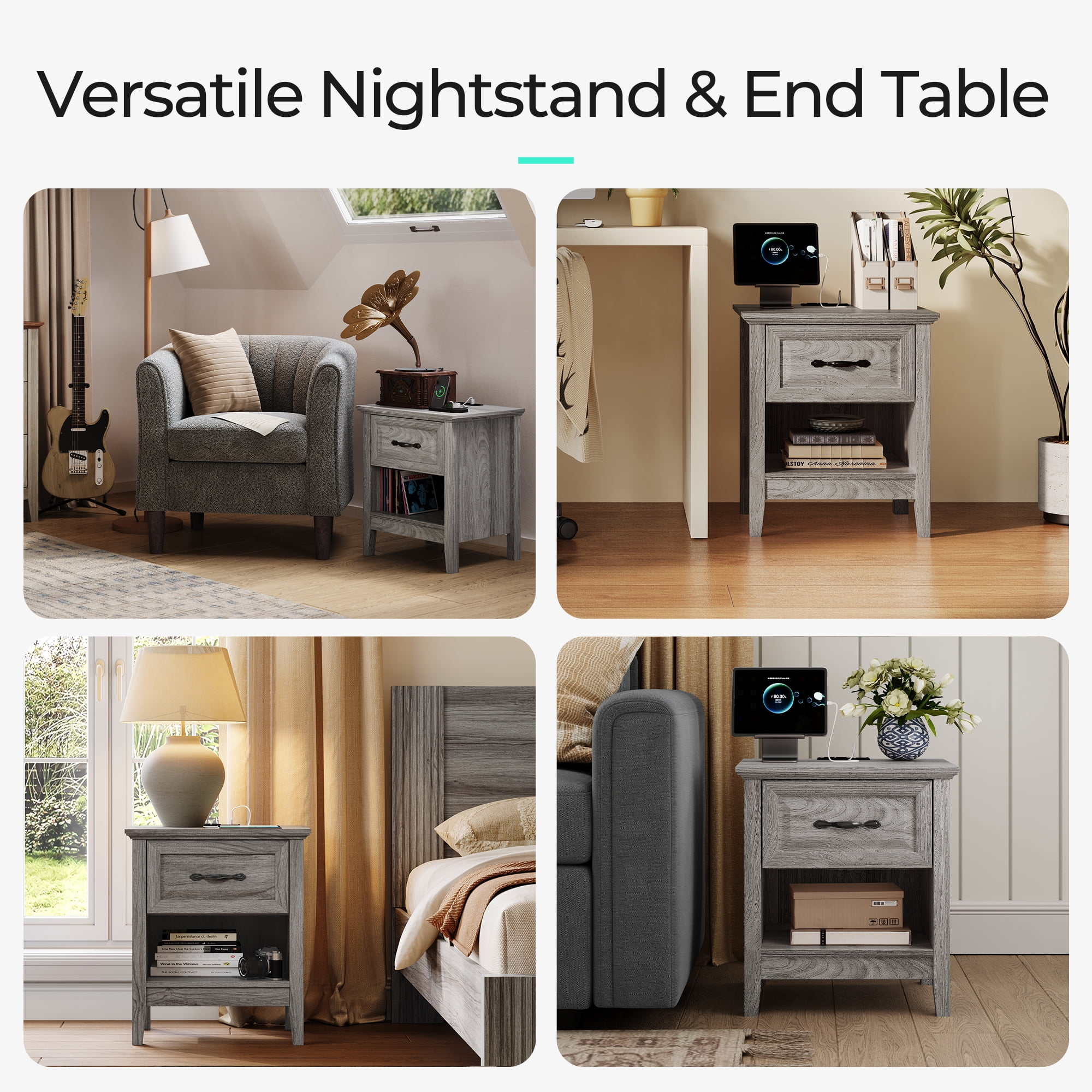 Linsy Home Nightstand for Bedroom set of 2 with Charging Station, Farmhouse End Tables for Living Room set of 2 with Drawer, Grey