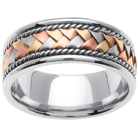 - 18K Tri Color Gold Basket Braid Handmade Comfort Fit Men's Wedding Band (8.5mm)