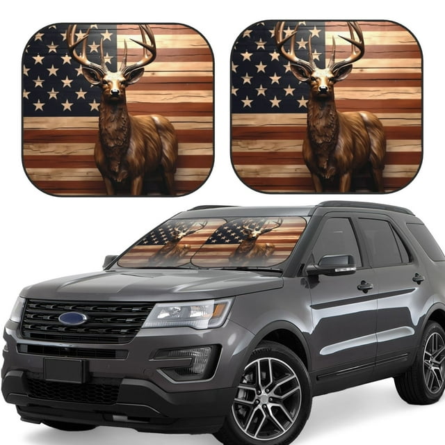 Saiise Deer American Flag Vintage for Foldable Car Sun Shades (2-Pack) Offer Sun Protection with an Easy-fold Design for Convenient Windshield Shading-Small