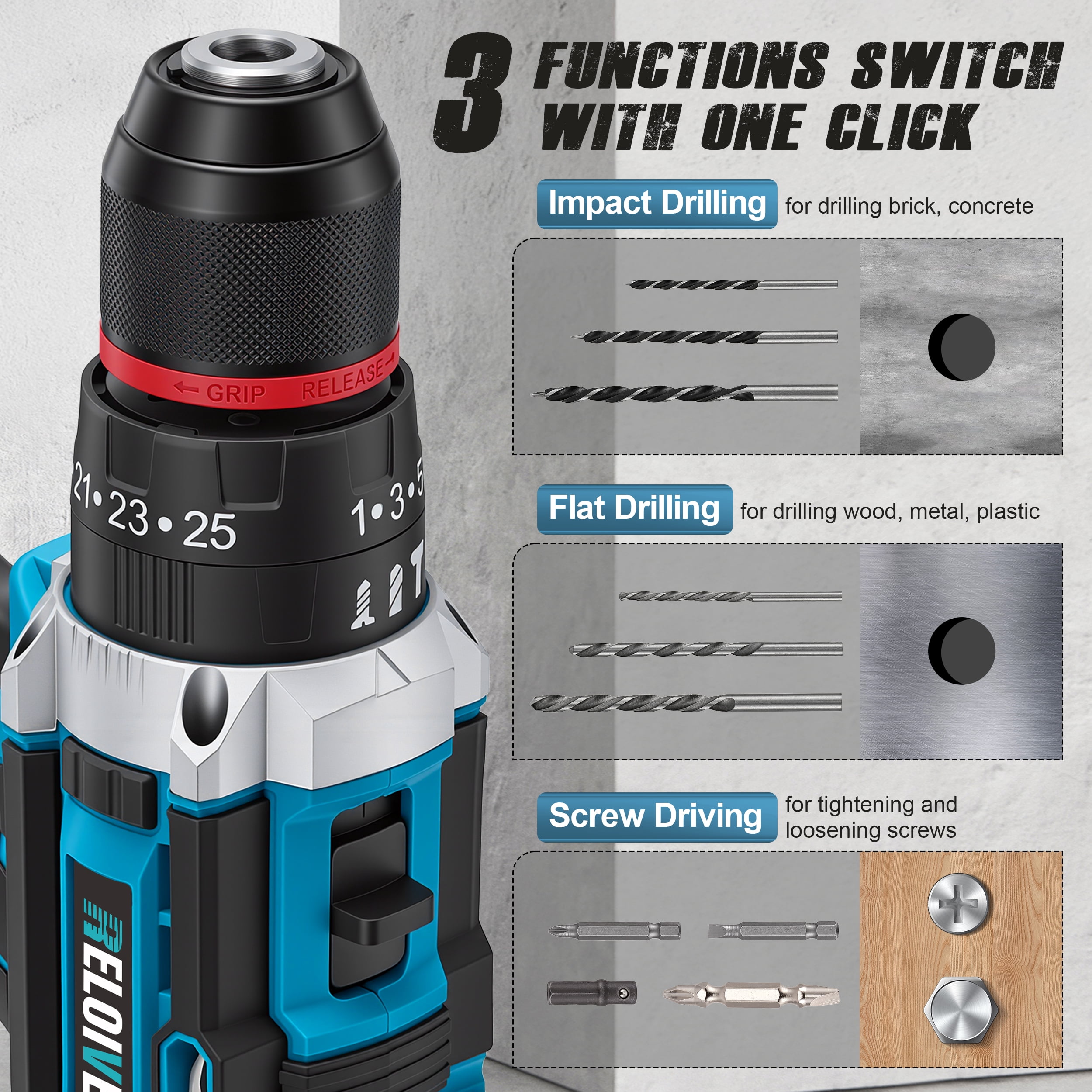 RELOIVE 21V Cordless Drill Driver,Power Drill Set with 2×2000mAh Batteries,4-in-1 Function,45N.m Max Torque,3/8" Keyless Chuck, 25+3 Position