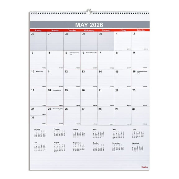 2026 Staples 22" x 29" Monthly Wall Calendar White/Red/Gray (ST53914-26)
