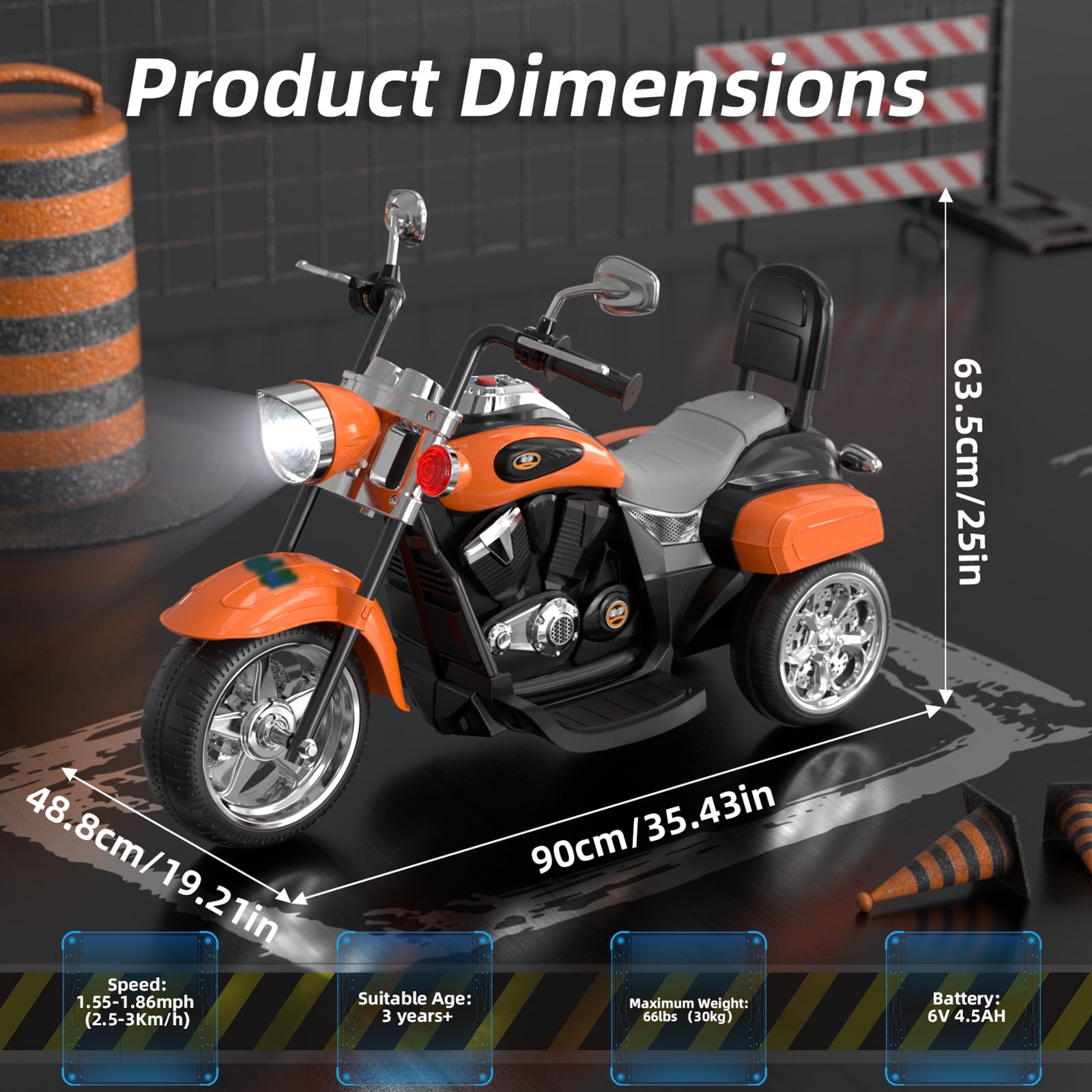 KORIMEFA 3 Wheel Kids Ride On Motorcycle 6V Battery Powered Electric Toy Orange
