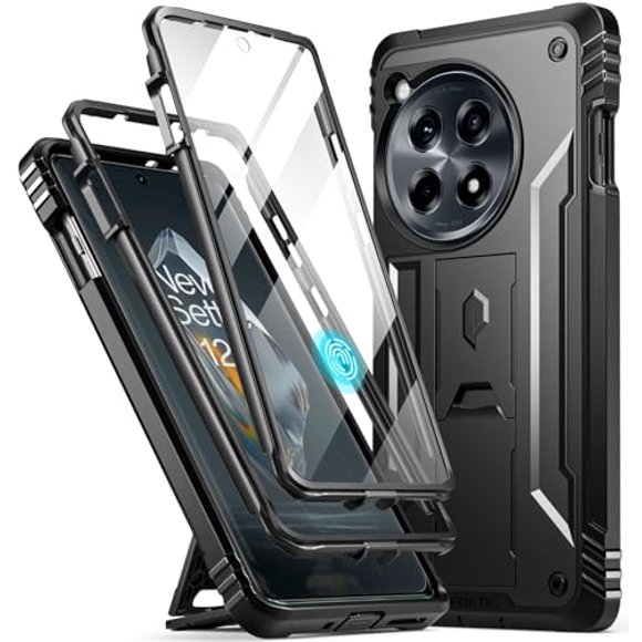 Poetic Revolution Case for OnePlus 12R 5G (2024), Built-in Screen Protector [Work with Fingerprint ID], [20FT Mil-Grade Drop Tested] Full Body Shockproof Protective Cover Case with Kickstand, Black