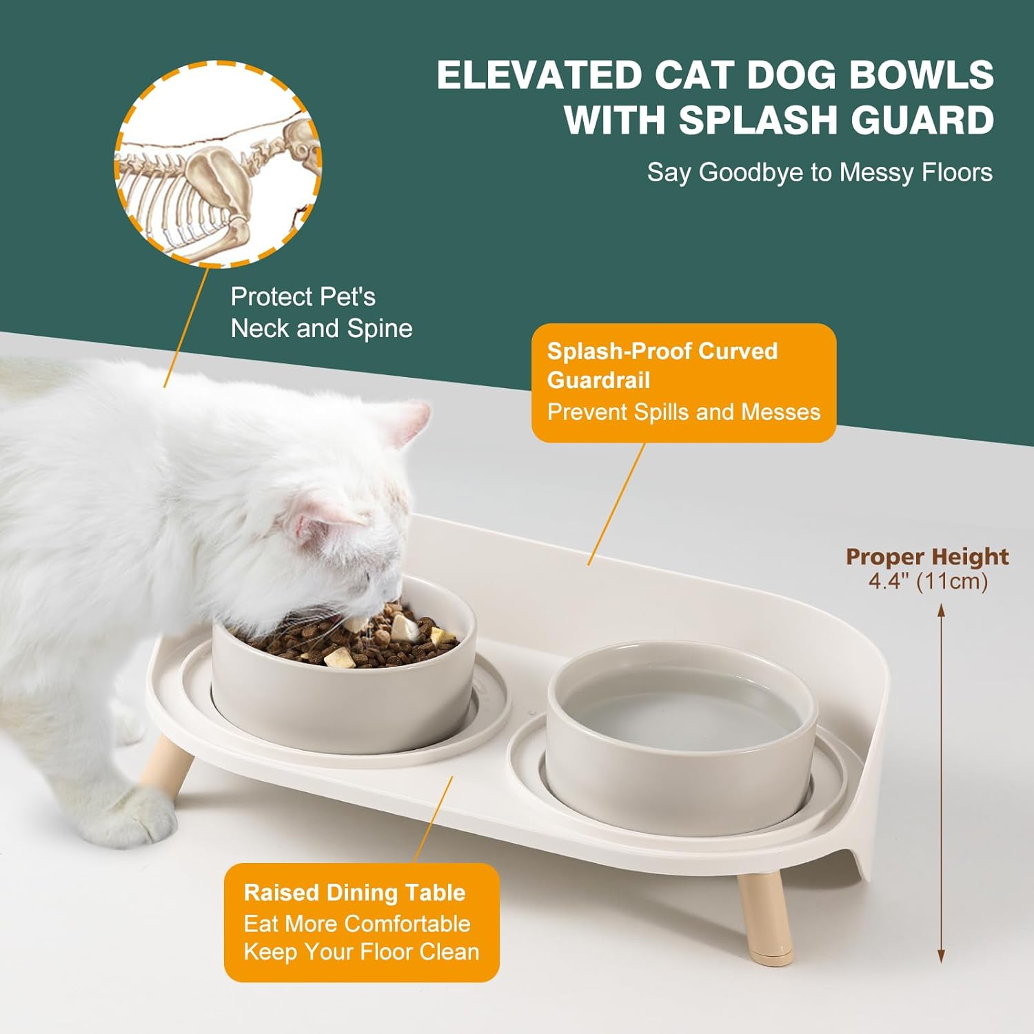 Elevated Double Dog Bowl Set with Stand - Splash Proof Raised Food and Water Dishes for Small to Medium Pets - 2 x 850 ml Capacity