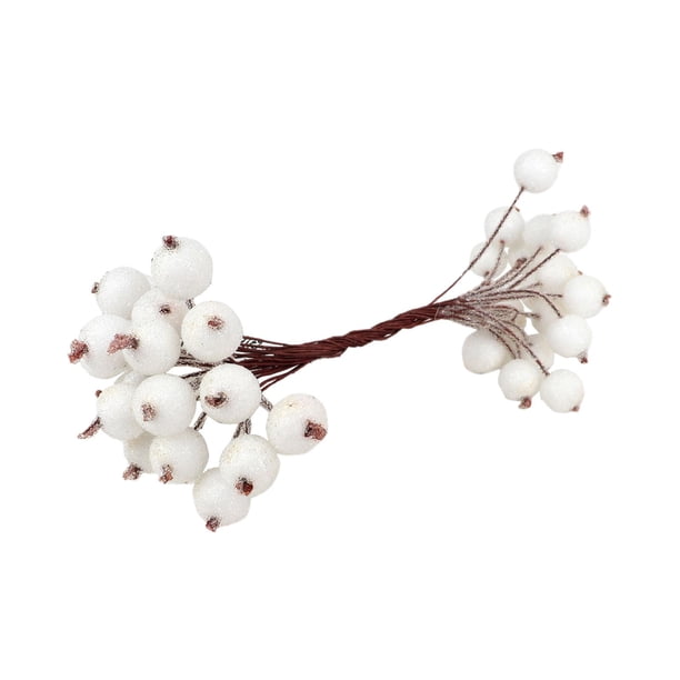 Bayas de acebo artificiales escarchadas, 20 tallos de alambre para decorar el árbol de Navidad. Blanco