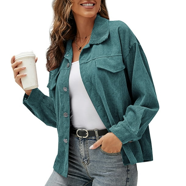 Chaqueta de pana para mujer, color sólido, cuello vuelto, manga larga, botón, abrigo informal Irfora Verde/Extragrande