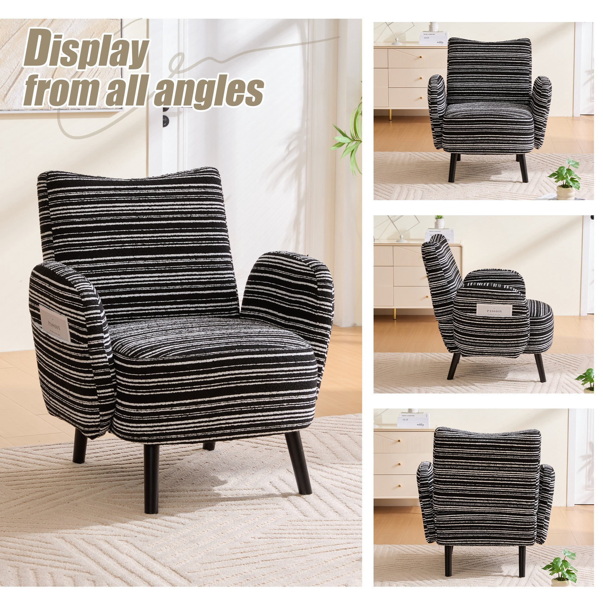 Sailvan Modern Armchair,Sanded Fabric Reading Chair with Side Storage Pocket & Solid Wood Legs for Living Room,Bedroom & Office Black