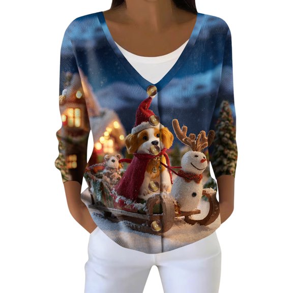 Wutalume Women's Holiday Themed Long Sleeve Christmas Snowman Snowflake Print Jacket Cardigan, Festive and Comfortable Knitwear for Seasonal Celebrations,Blue L