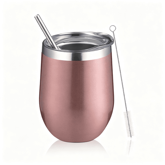 BPPEG 12Oz Insulated Wine Tumbler with Lid Travel Coffee Wine Glass(Rose Gold 1) | 18\/8 Stainless Steel Small Travel Coffee Mug with Staw Metal Stemless Double Wall Insulated Cup