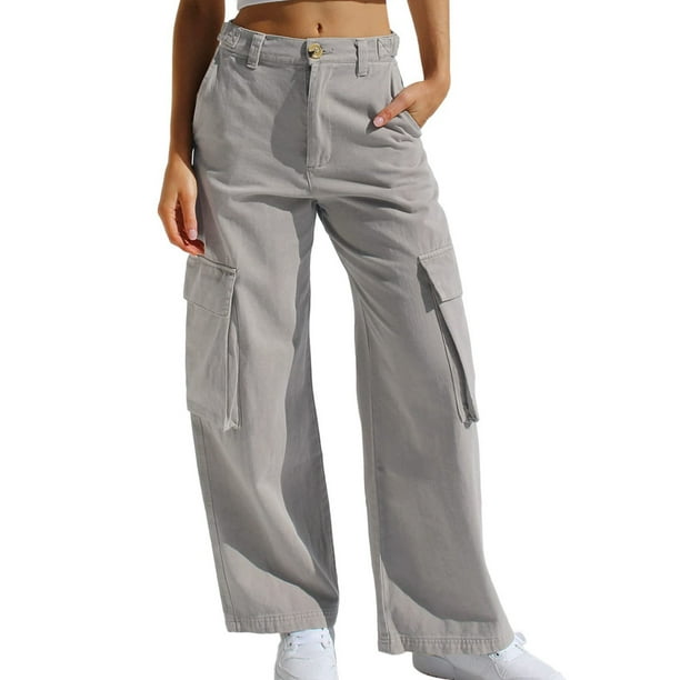 Sexy Dance Ladies Denim Pants High Waist Palazzo Pant Baggy Cargo Jeans  Loose Fit Trousers Wide Leg Bottoms Light Gray XL 