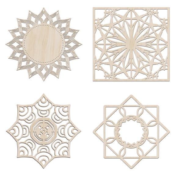 Mandala Wooden Wall Art Set of 4, Sun Like Mesh Ornament Geometric Art, Birch Wood Plywood Rustic Wall Art Accent for Hallway Bedroom Living Room and Offices, 11,4" X 11,4" X 0.1", by Ambesonne