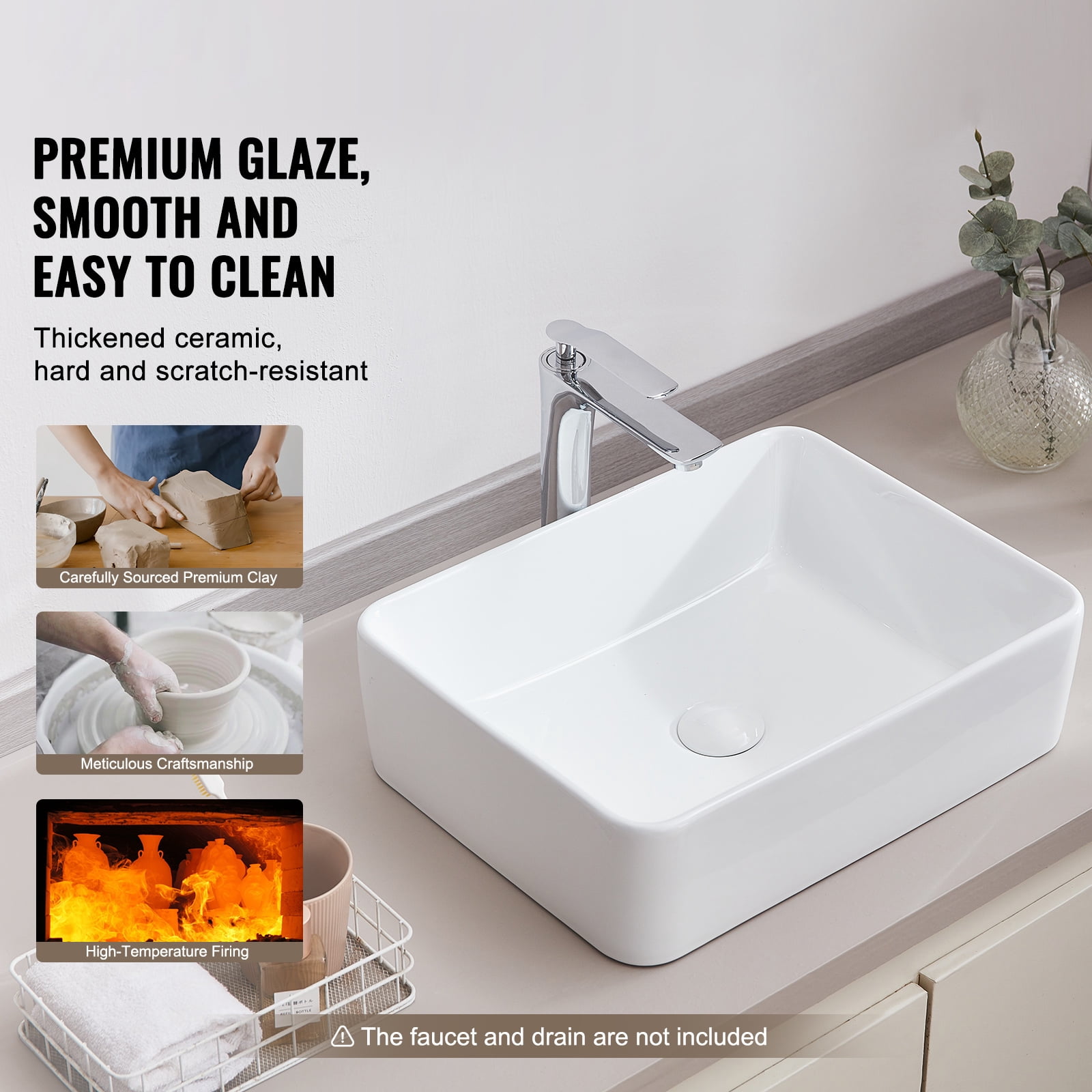 KFFKFF Rectangular Basin, 19" x 14.7" Countertop Sink, White Ceramic for Above Counter Use, Contemporary Design, Lustrous and Sophisticated, Securely Packaged for Bathrooms, Hotels, Restrooms, RVs