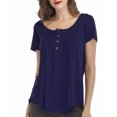thumbnail image 2 of Mujer Cuello Redondo Top Botón Trim Plisado Busto Manga Corta Tipo Suelto Camiseta Casual Azul Púrpura S, 2 of 6