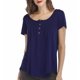 thumbnail image 2 of Mujer Cuello Redondo Top Botón Trim Plisado Busto Manga Corta Tipo Suelto Camiseta Casual Azul Púrpura XXL, 2 of 6