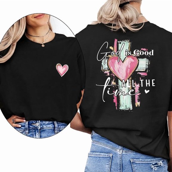 "God is Good All The Time" Print T Shirts Cross & Faith Christian Graphic Tees Short Sleeve Casual Pattern Tops Black,XL