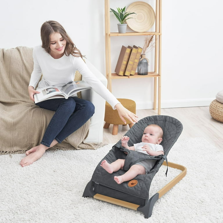 ANGELBLISS Baby Bouncer Portable Bouncer Seat for Babies Infants Bouncy Seat with Wood Grain Base Natural Vibrations Grey 0 9month